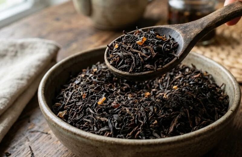 Loose black tea leaves on a wooden spoon